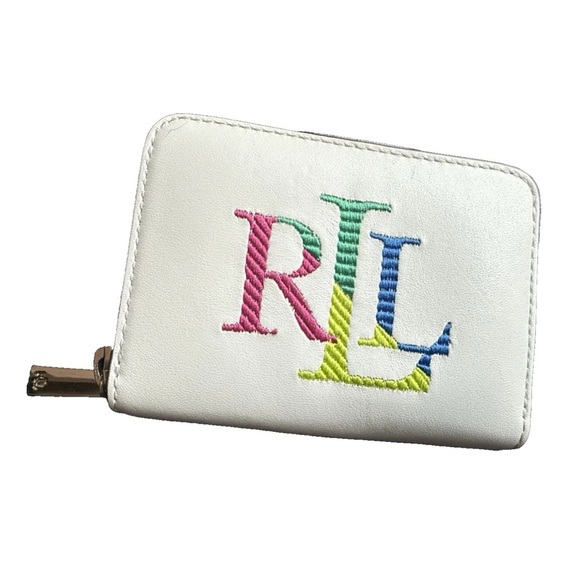 LRL Lauren Ralph Lauren embroidered leather zip wallet White Green Multicolor - Picture 1 of 16